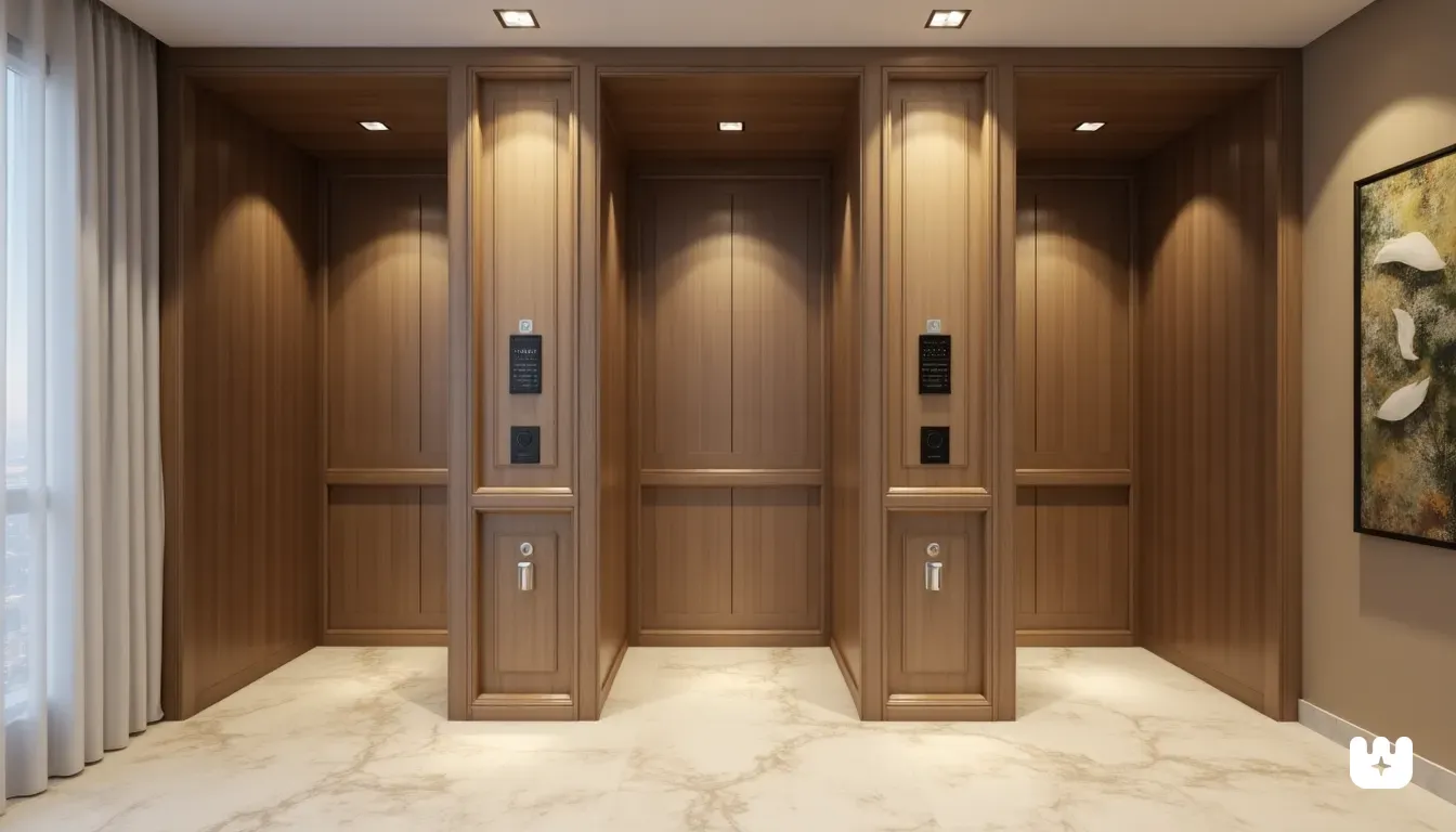 a row of wooden elevators